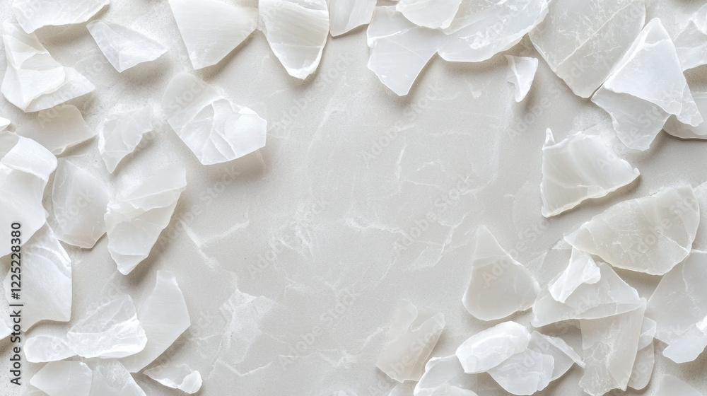 Poster textured background of white stone fragments on light surface, creating serene and natural aesthetic