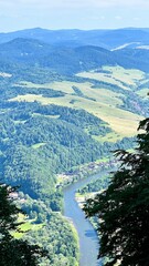 Panoramic view from Mount Trzy Korony to mountains, forests, and the Dunajec River in Pieniny National Park, Poland. Ideal for travel, hiking, and nature photography themes. Vertical © Krystsina_Semianiuk