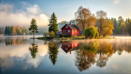 Obraz premium A serene red house perched on a lake with reflections of trees and a misty atmosphere creating an idyllic scene, mist