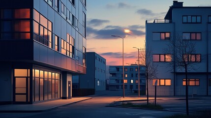 Dusk cityscape modern apartments, streetlight, quiet street.