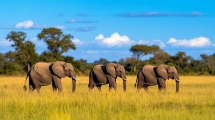 Fototapeta premium Three elephants walking gracefully through a golden grassland under a blue sky with clouds