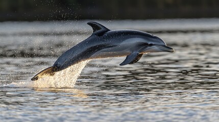 Fototapeta premium Dolphin leaping from water at sunset. (1)