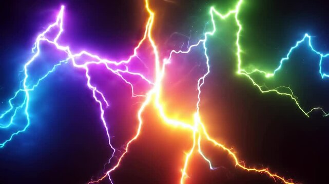 Vibrant rainbow colored lightning bolts flash across a dark background. Intense colors and dynamic energy create an electrifying visual