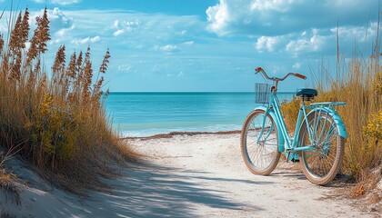 Fototapeta premium Blue vintage bicycle on beach pathway, sunlit ocean horizon, summer travel vibe, peaceful beach scene, highresolution details, vibrant beach colors
