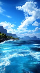 Fototapeta premium Island view, waves crashing on a tropical coastline, 3D illustration