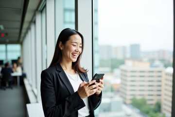 Fototapeta premium A Young Asian Woman Engaged in Digital Communication While Standing by a Large Window Overlooking a Modern Cityscape in a Professional Office Environment