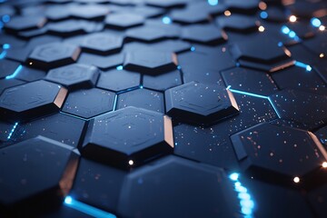 Obraz premium Abstract close-up of illuminated hexagonal tiles on a dark surface, creating a futuristic ambiance