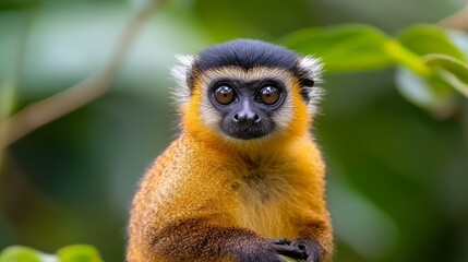 Obraz premium Close-up of a vibrant monkey with expressive eyes, surrounded by lush green foliage in a natural habitat