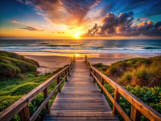 Obraz premium Ocean waves whisper secrets as twilight descends on a wooden beach path; a captivating low-light image.