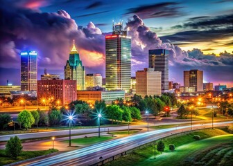 Fototapeta premium Oklahoma City's architectural marvels shimmer under the night sky, a breathtaking cityscape.