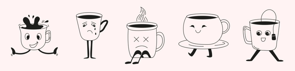 coffee and tea cups depicting various emotions like smiling, laughing, crying, and sadness.