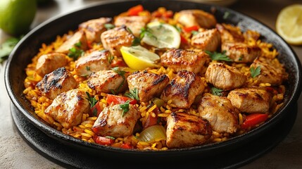 Chicken Paella, Spanish Rice Dish, Kitchen Setting, Food Photography, Recipe Illustration