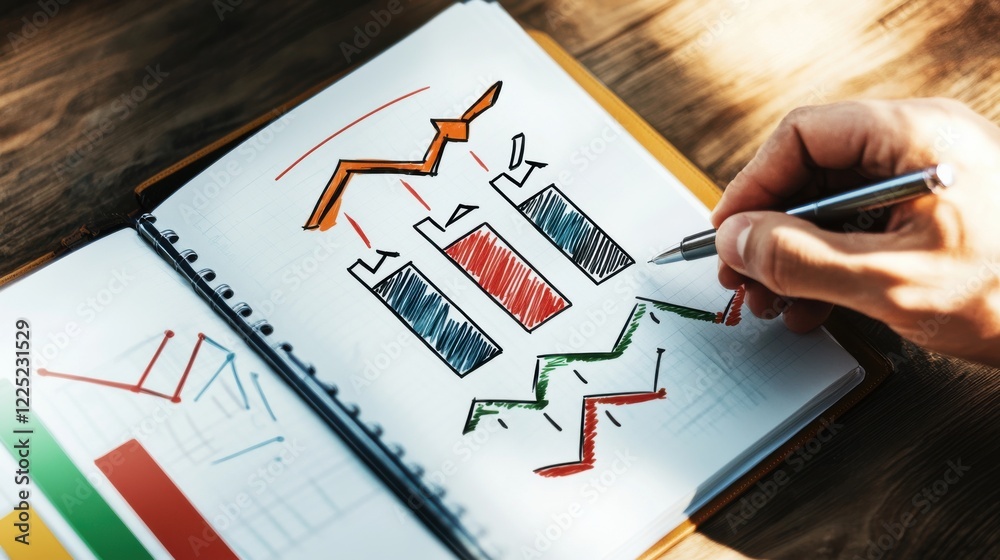 Poster analyzing data with visuals hands sketching graphs and charts in notebook