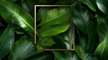 Lush Green Tropical Leaves with Golden Frame