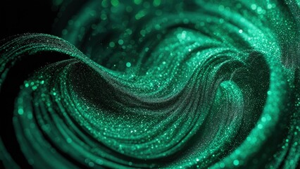 Swirling green glitter creates mesmerizing patterns of shimmering light in dark background