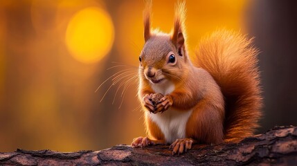 Obraz premium Squirrel Holding a Nut on a Branch During a Golden Sunset in a Forest Setting