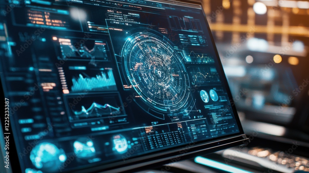 Poster futuristic digital interface with advanced analytics dashboard and radar display for high tech surve
