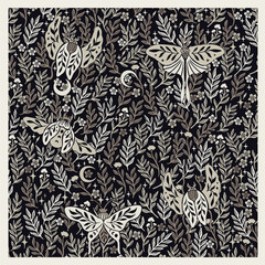Forest Wildlife Seamless Pattern with Hand Drawn moth, butterfly, moon and plants. Wild Animals in forest. Repeat Design good for wallpaper, fabric, baby clothes, backgrounds and more.