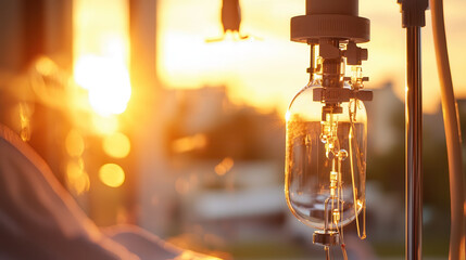 Fototapeta premium close up of medical IV drip in hospital setting, illuminated by sunset. warm light creates serene atmosphere