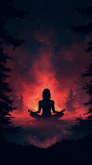 Serene Silhouette: Woman Meditating Under a Crimson Night Sky