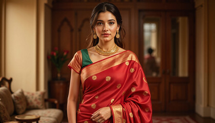 Fototapeta premium Elegant woman in red saree posing indoors, Indian Saree, Raksha Bandhan 