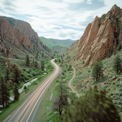 Fototapeta premium Mountain road with light trails through a valley with rocky cliffs and a stream on a cloudy day