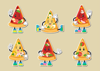 Stickers. Vector Illustration of Pizza. Pizza Emoticons.  Cartoon Pizza Designs