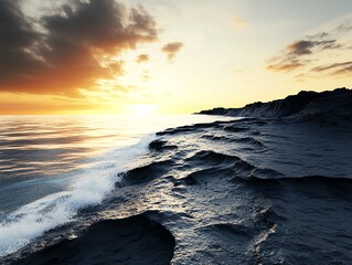 Obraz premium Ocean waves, crashing on rocky cliffs at sunset, 3D illustration