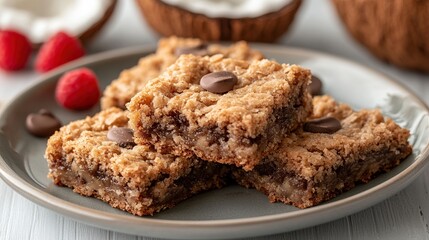 Coconut Oat Bars with Chocolate Chips and Raspberries