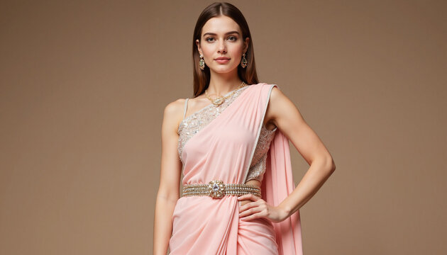 Elegant woman in pink saree posing against neutral background, Indian Saree, Raksha Bandhan 