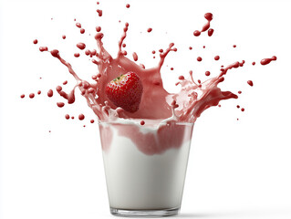 Strawberry splash in creamy milk glass at a kitchen counter