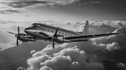 Old vintage propeller aircraft in mystery sky with a cloud landscape, retro design black and white photography