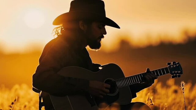 Sunset serenade by a cowboy playing guitar in a golden field of tall grass
