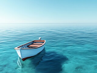 Naklejka premium Small fishing boat, rocking on gentle ocean waves, 3D illustration