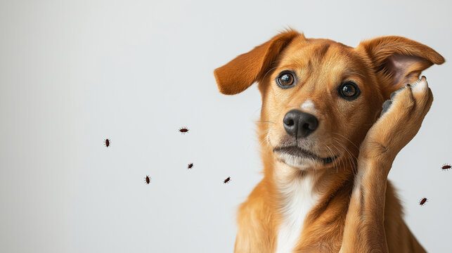Worried dog scratching its ear while fleas fly around, highlighting pet discomfort and parasite problems