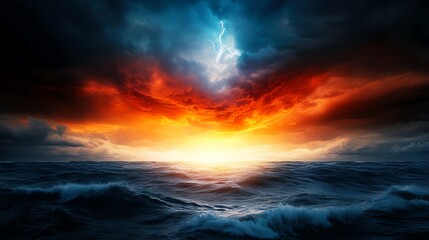 Obraz premium Stormy ocean, dark waves with lightning in the distance, 3D illustration