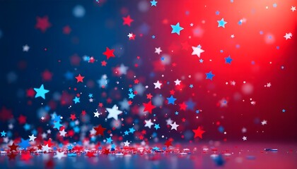 An energetic display of red, white, and blue star confetti bursting across the scene, set against a gradient background that smoothly transitions from bold red on the right to deep blue on the left