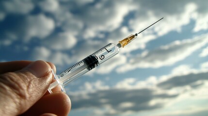 Close up photo of a syringe with a needle filled with clear liquid against a cloudy sky background