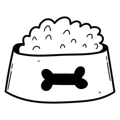 Hand drawn doodle dog food in bowl on white background.