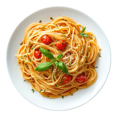 Delicious spaghetti with cherry tomatoes and basil kitchen food photography bright setting