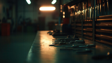collection of car maintenance tools arranged on workbench in garage, illuminated by soft lighting, creating focused atmosphere