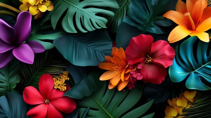 Tropical bouquet, vibrant flowers and lush leaves, 3D illustration