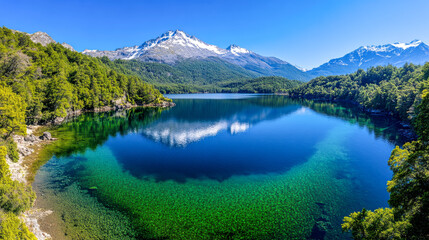 Fototapeta premium A stunning mountain lake with turquoise water, surrounded by snow-capped peaks and evergreen forests, reflecting a clear blue sky