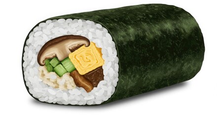 Mushroom and Egg Sushi Roll with Cucumber and Rice Isolated on White