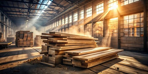 Sunlit Warehouse Stack of Planed Lumber Ready for Construction Projects