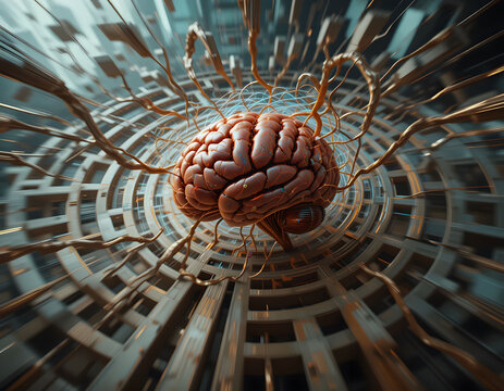 Here is the image based on your description, showcasing a dynamic and visually intense maze resembling a brain. Let me know if you'd like any adjustments or further refinements