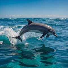 Fototapeta premium Playful Dolphins in the Ocean: A pod of dolphins leaping joyfully out of turquoise waves under a clear blue sky, with sunlight reflecting on the water's surface.