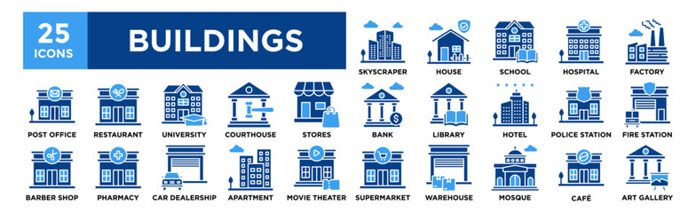 Buildings icon collection set. Containing design architecture, building, city, modern, construction, urban	