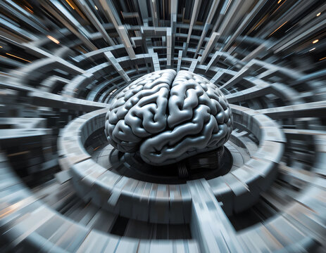 Here is the image based on your description, showcasing a dynamic and visually intense maze resembling a brain. Let me know if you'd like any adjustments or further refinements