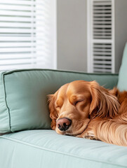 Golden retriever peacefully sleeps on a mint green couch